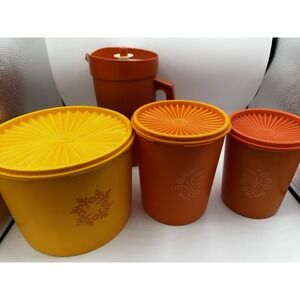 Vintage Tupperware Storage Canisters with lids Orange And Vintage Pitcher READ
